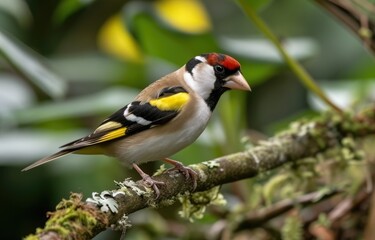 Fototapeta premium European Goldfinch on Mossy Branch