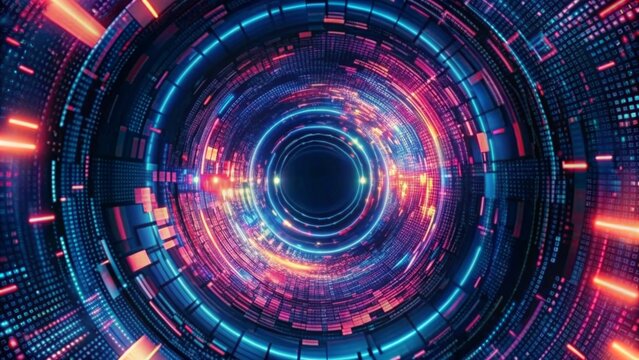 Abstract digital background with a futuristic glowing circular tunnel and binary code pattern