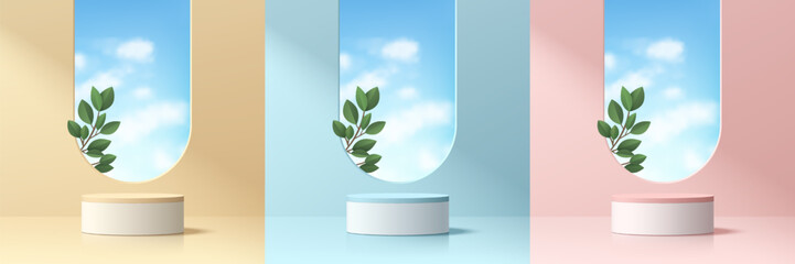 Set of pink, yellow, blue 3d cylindrical product podium with blue sky, green leaf in arch window scene. Abstract minimal mockup, Product display presentation, Stage showcase. Platforms vector design.