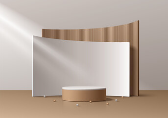 Realistic 3D wood brown, white cylinder podium background with layer curved backdrop wall scene. Minimal abstract mockup product display presentation, Stage showcase. Platforms vector geometric design