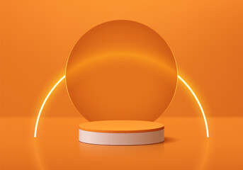 Realistic orange 3D cylinder product podium background with circle glass and curve line neon wall scene. Abstract minimal mockup display presentation, Stage showcase. Platforms vector geometric design