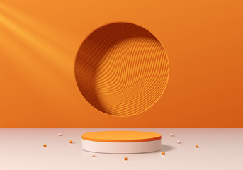 Realistic orange 3D cylinder podium background with beads ball and round window wall scene. Minimal mockup or abstract product display presentation, Stage showcase. Platforms vector geometric design.