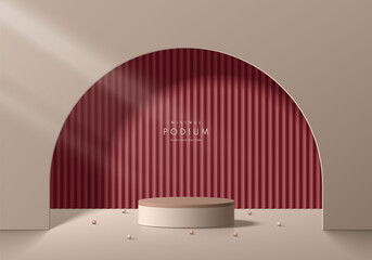 Realistic 3D beige cylinder podium background with red serrated pattern in curve gate scene. Minimal abstract 3D mockup product display presentation, Stage showcase. Platforms vector geometric design.