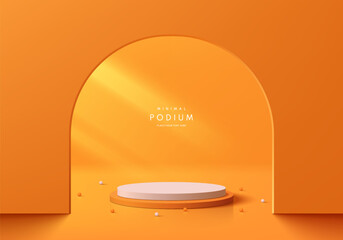 Realistic 3D orange cylinder podium background with beads ball in arch gate wall scene. Minimal abstract 3D mockup or product display presentation, Stage showcase. Platforms vector geometric design.
