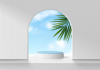 Realistic white 3D cylinder product podium background in arch gate backdrop with blue sky wall scene. Abstract minimal 3D mockup display presentation, Stage showcase. Platforms vector geometric design