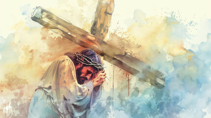 Jesus Carrying the Cross: Digital Watercolor Artwork