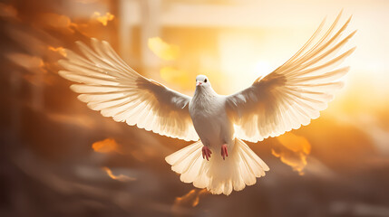 Fototapeta premium Beautiful white dove spreads its wings and flies in the sun