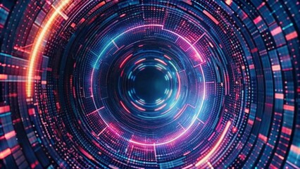 Abstract digital background with a futuristic glowing circular tunnel and binary code pattern - obrazy, fototapety, plakaty