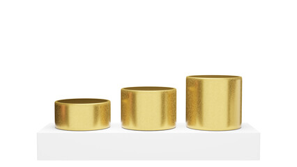 three gold vases on a white pedestal