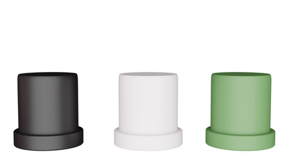 three different colored plastic containers on a white surface