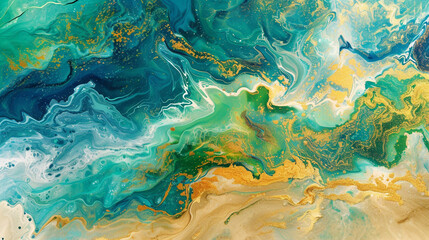 Fluid art evoking a tropical paradise, with azure, green, and gold blending like the ocean meeting the beach under the sun. For vibrant decor.