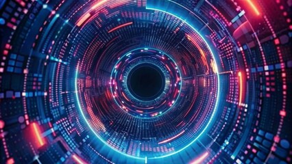 Abstract digital background with a futuristic glowing circular tunnel and binary code pattern
