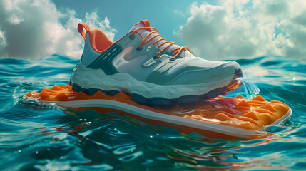 Trendy sneakers on floating rafts gliding over the serene sea - obrazy, fototapety, plakaty