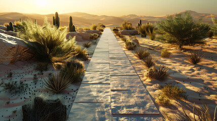 Long paved walkway in middle of desert leading to nowhere with few shrubs on side of the path