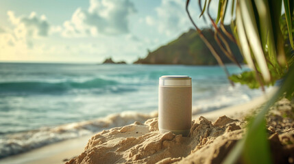 Sleek smart speaker on tropical beach at sunrise