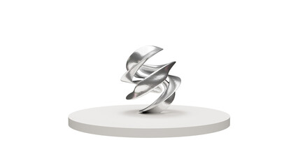 a silver sculpture on a white pedestal