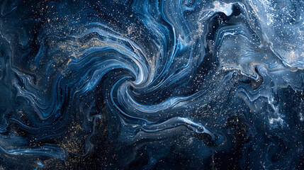 Luxurious abstract art, where the deep mystery of midnight blue swirls meets the opulent glow of platinum powder, symbolizing the oceana??s uncharted depths.