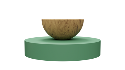 a wooden bowl on a green pedestal