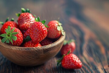 Ripe strawberries in wooden bowl on old table