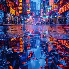 arafly lit city street with neon signs and puddles of water