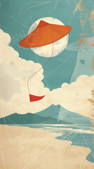 Artistic Beachscape with Flying Kite and Mountain Illustration