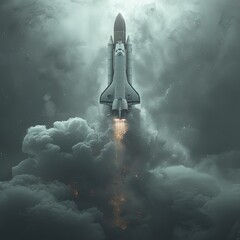 a space shuttle flying through the clouds with a bright light