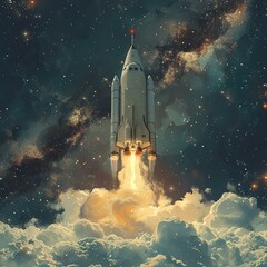 Naklejka premium a space shuttle flying through the sky with clouds
