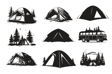 Set of Camping tent and bus silhouette, Camping gear,
Tent set,
Outdoor essentials,
Camping equipment,
Silhouette art,
Camping supplies,
Adventure gear,
Tent and bus combo,
Outdoor silhouette,
