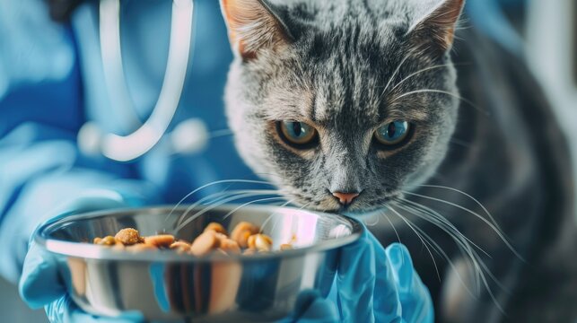 Grey British tabby cat eating wet food from a metal bowl in a vet clinic while getting vaccinated and health check up