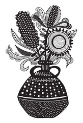 Bouquet of flowers silhouette linocut style black and white illustration - 790558811
