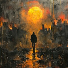 painting of a man walking in the rain with a city in the background