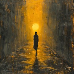 painting of a man walking in a dark alley with a yellow light
