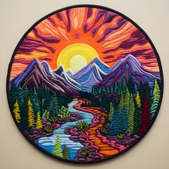 Vibrant embroidered patch of the stylized mountain range with fine details, sharp focus, and vibrant colours
