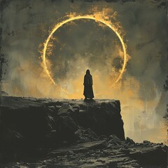 painting of a man standing on a cliff looking at a ring of fire