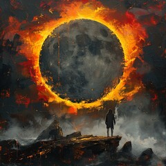 painting of a man standing on a cliff looking at a giant moon