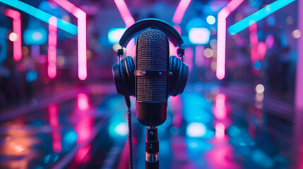 A close-up of a microphone and headphones for podcasting in a neon led lighting, cyan and magenta, in a sound recording studio