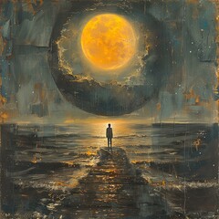 painting of a man standing on a pier looking at the moon