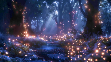 Design a 3D animation of a whimsical fairy woodland at twilight with bioluminescent plants and shimmering pixie dust in the air