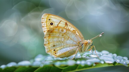 Obraz premium A butterfly is sitting on a leaf with dew drops on it. The butterfly is brown and white in color