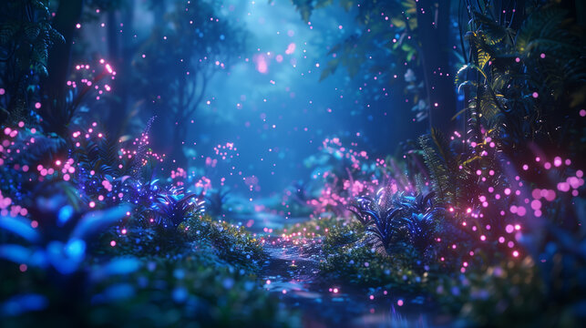 A whimsical fairy woodland at twilight with bioluminescent plants and shimmering pixie dust in the air