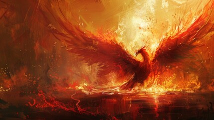 A red bird is flying over a body of water with flames in the background. The image has a fiery and intense mood, with the bird representing freedom and the flames symbolizing destruction
