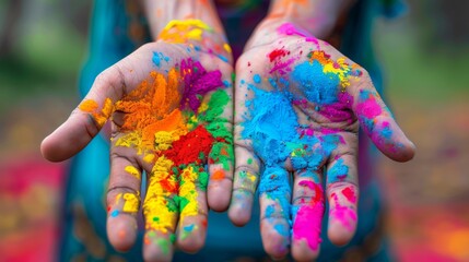 Obraz premium Two hands holding colorful powder, possibly for a celebration or festival. The hands are covered in a rainbow of colors, creating a vibrant and joyful atmosphere