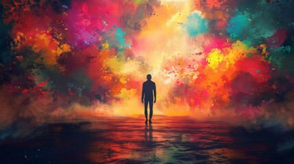 A man stands in front of a colorful explosion. The explosion is made up of different colors and it looks like a painting. The man is the only person in the scene, and he is looking up at the explosion