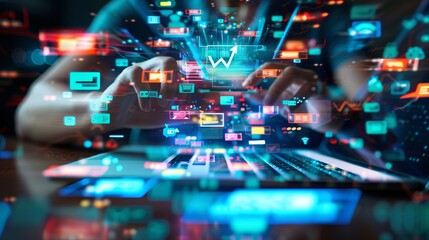 Fototapeta premium A person is typing on a computer keyboard with a colorful background