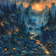 painting of a mountain scene with a stream of water and fireflies