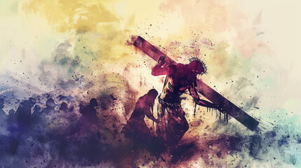 Jesus Carrying the Cross: Digital Watercolor Artwork