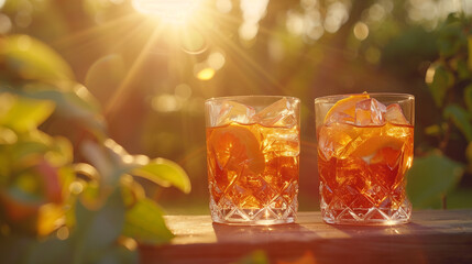 Outdoor summer Negroni cocktail party, glasses clinking in a sunlit garden 