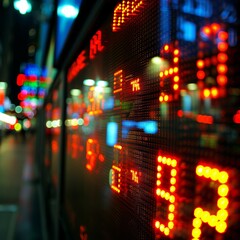 A large screen with a lot of numbers and letters on it. Scene is busy and chaotic