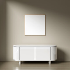 Blank picture frame mockup on brown wall. Brown living room design. View of modern minimalist style interior with artwork mock up on wall.