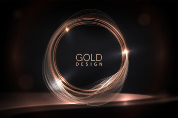 Composition with a shiny round frame with a fine golden veil on a dark background.